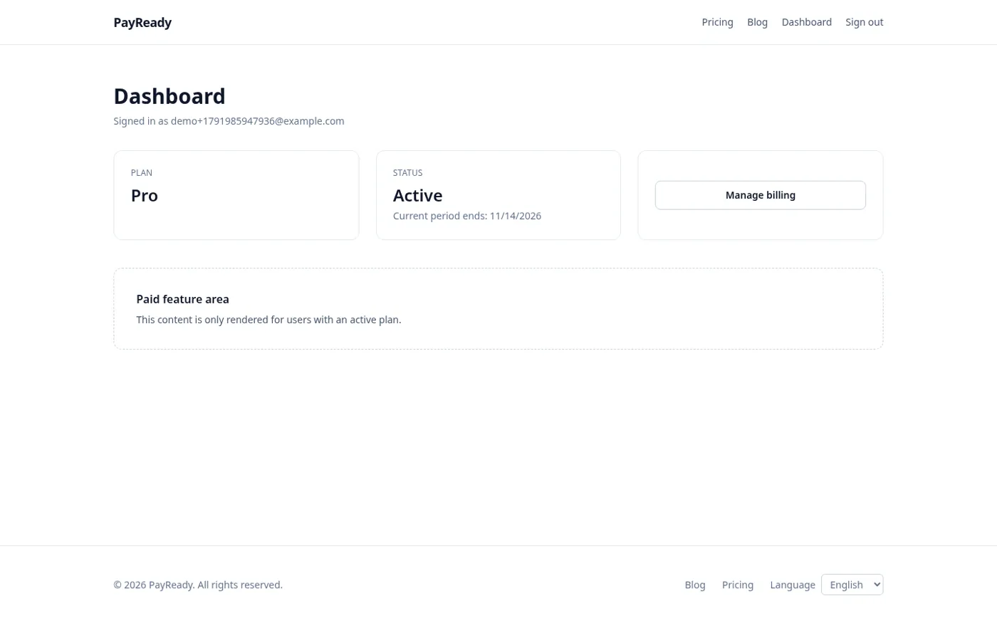 PayReady dashboard showing an active Pro plan and a Manage billing button