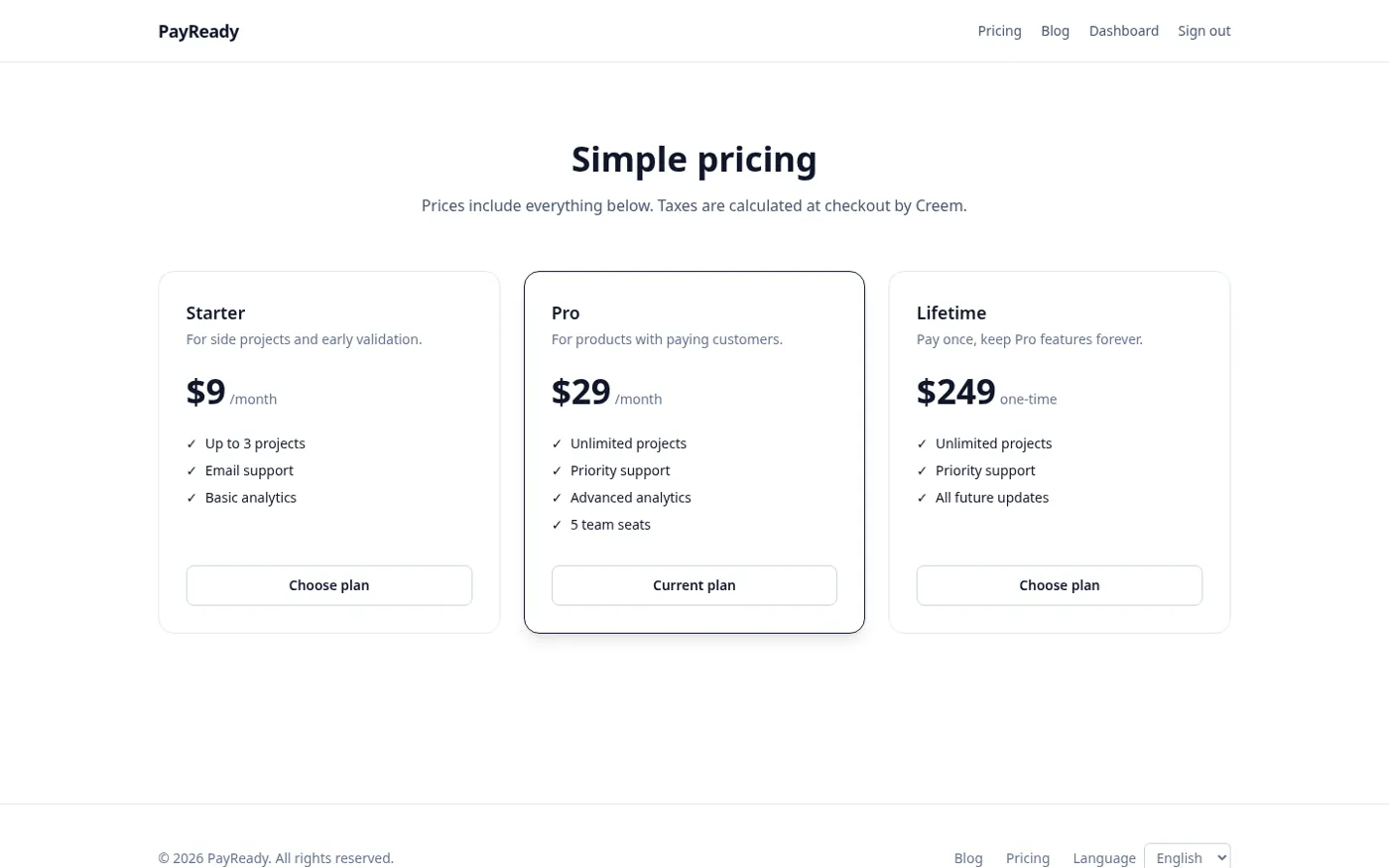 PayReady pricing page for a signed-in user